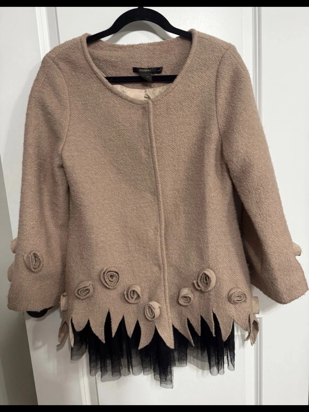 Radzoli Women's Beige Coat with Floral Trim & Tulle Trim
